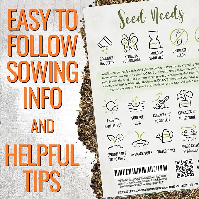 Seed Needs Partial Shade Wildflower Seed Mix for Planting | 2 Packs (1 Ounce Each) 14+ Varieties Open Pollinated Annual & Perennial Species | Flower Seeds Shade Tolerant | Bulk