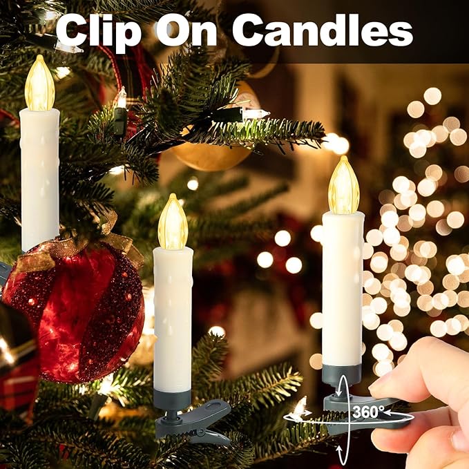 LED Christmas Candles, Flickering Clip on Candles for Christmas Tree, Battery Operated with Remote Timer, Warm White Light, Flameless Taper Candles for Home Christmas Decor, Set of 30