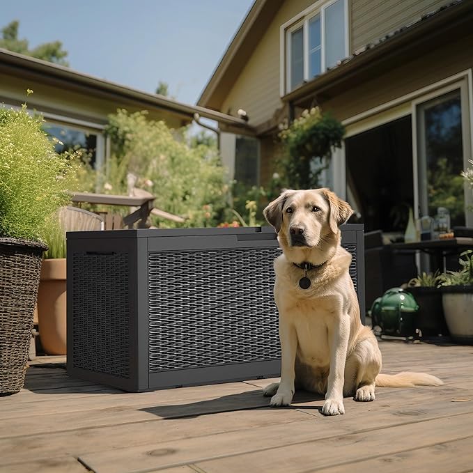 DRATO 100 Gallon Large Deck Box, Outdoor Storage Box for Patio Furniture, Patio Cushions, Gardening Tools, Pool Supplies,660lbs Weight Capacity,Waterproof Resin Storage Boxes