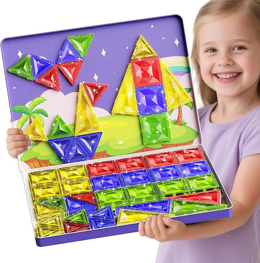 60pcs Diamond Magnetic Tile, Mini Magnetic Building Blocks Magnet Toy with Iron Box, STEM Educational Montessori Indoor Building Kit for Toddlers Preschool Boys Girls Age 3+ Classroom Must Haves