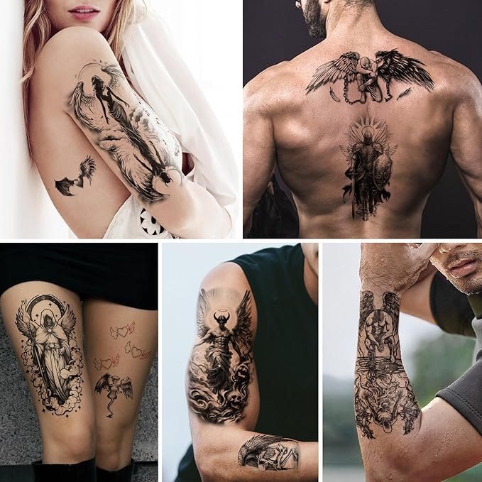 77 Sheets Temporary Tattoo for Women Men, 17 Sheets Half Arm Large Black Angel Devil Fake Tattoos, 60 Sheets Skull Heart Wings Tiny for Adult Kids Cosplay Party Body Tattoos Stickers Realistic