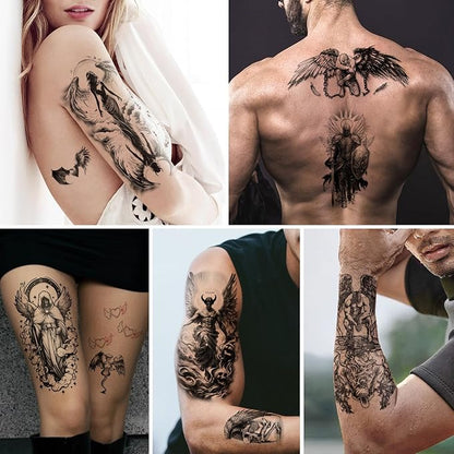 77 Sheets Temporary Tattoo for Women Men, 17 Sheets Half Arm Large Black Angel Devil Fake Tattoos, 60 Sheets Skull Heart Wings Tiny for Adult Kids Cosplay Party Body Tattoos Stickers Realistic