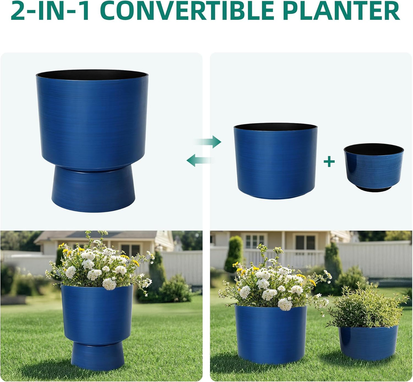 16.75" H Urn-Style Tall Planters, 2-Pack Modern Large Flower Pots for Outdoor Indoor, 2-in-1 Design Plant Containers for Garden Patio Yard Balcony Porch or Home Decor, Cobalt Blue, UV-Protect