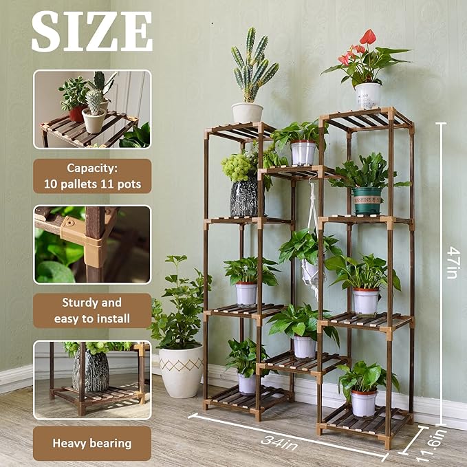 Uneedem Plant Stand Indoor Outdoor, Tall Plant Shelf for Multiple Plants, 10 tiers 11 Pot Large Plant Rack Wood Plant Holder Plant Shelves for Room Corner Balcony Garden Patio