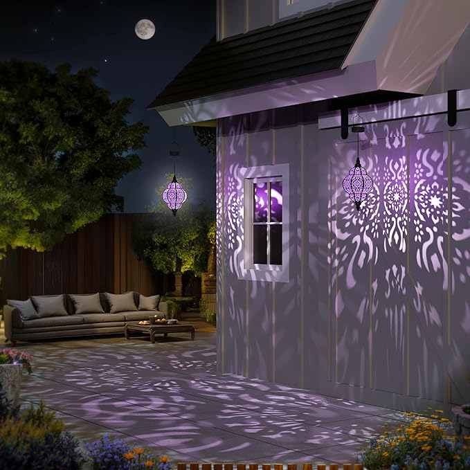 Hanging Solar Lights Outdoor Garden Decor Solar Lantern Waterproof Plastic Moroccan Outdoor Decorations for Patio Pathway Yard Backyard Garden Decorative (2, Purple)