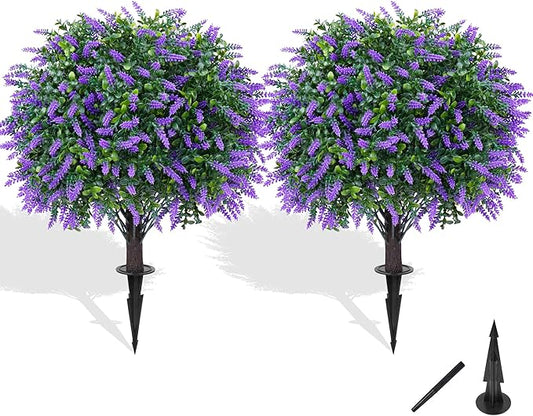 Artificial Boxwood Topiary Ball with Lavender, Set of 2 Artificial Shrub Bushes with Ground Spike, Fake Evergreen Tree for Porch, Artificial Plants for Outdoor Planters Indoor UV Resistant