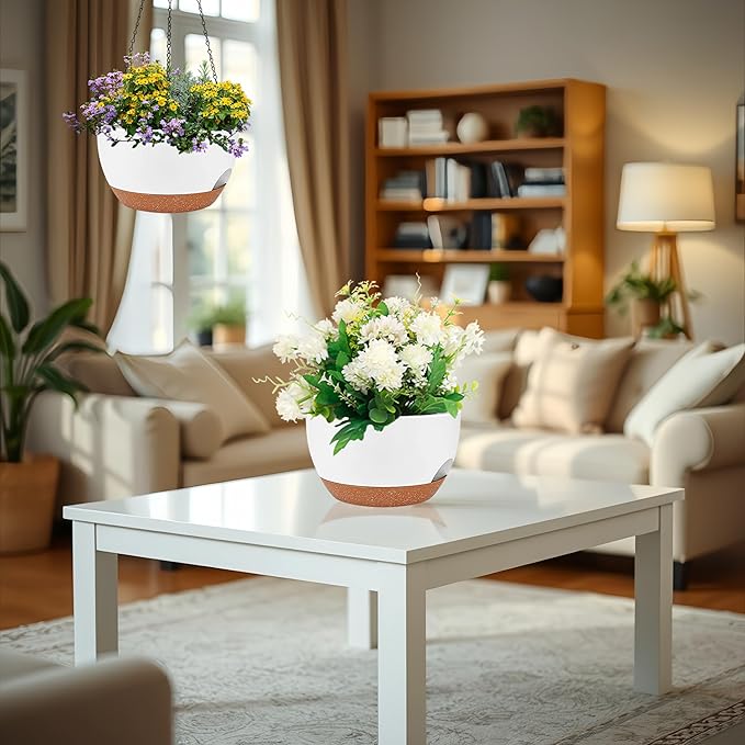 2 Pack 12 Inch Large Hanging Planters with Chains Self Watering White Brown Plastic Hanging Pots for Indoor Outdoor Plants, Garden Porch Home Decor，White Brown
