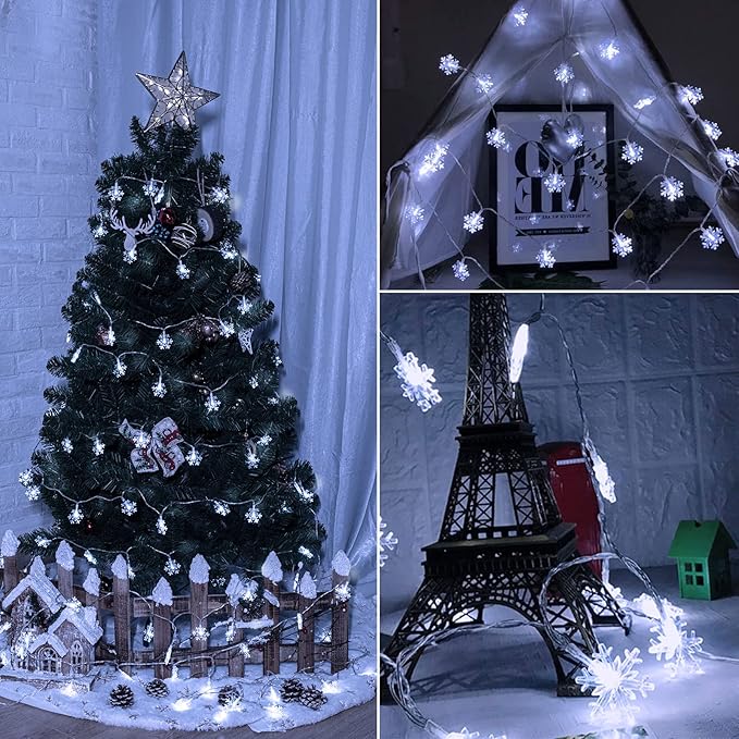 Solar Christmas Snowflake String Lights 100 LED 39 Feet Outdoor Waterproof Fairy Lights with 8 Lighting Modes for Wedding, Party, Tree, Room, Garden, Patio, Yard, Home, Pure White