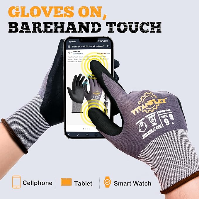 TitanFlex Work Gloves Microfoam Nitrile Coated Men Women, Safety Warehouse Gloves with Grip, Touchscreen, Seamless Knit Nylon
