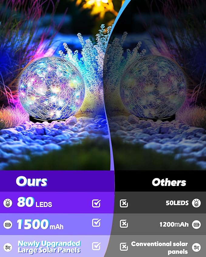 Garden Solar Ball Lights Outdoor Waterproof, 80 LED Cracked Glass Globe Solar Power Ground Lights for Path Yard Patio Lawn, Outdoor Decoration Landscape Colorful(2 Pack 5.9'')