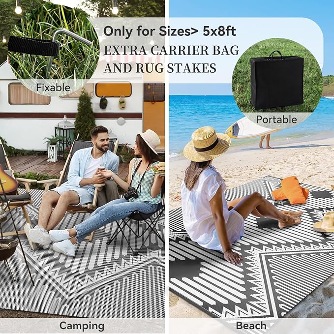 MontVoo Outdoor Rug 9x12 Waterproof Patio Rug-Outdoor Carpet Mat Reversible Plastic Straw Outside Outdoor Rug for RV Camping Picnic Beach Balcony Backyard Pool Deck Porch Modern Boho Grey