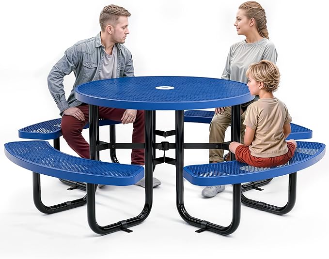 Metal Picnic Tables for Outdoors with Umbrella Hole - Coated Steel Heavy Duty Commercial Grade Table with Adjustable Seats (Blue, 46 in, Round, Expanded Steel)