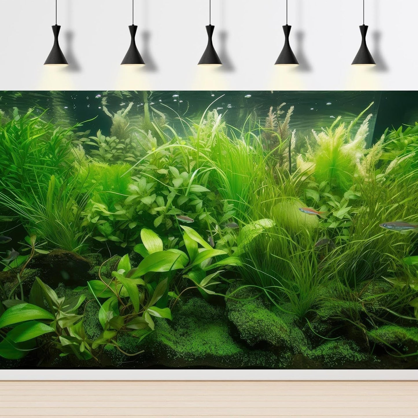Aquarium Background Diverse Collection of Aquatic Plants Seagrasses Terrarium Background Redwood Root Moss Tropical Style Underwater Lush Green Plants Fish Tank Background Wallpaper Poster 72x18in