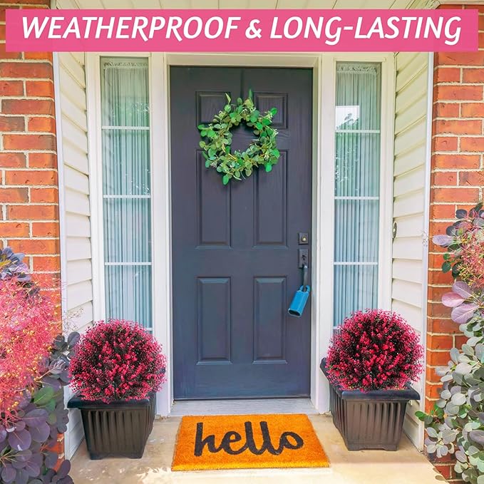 Yunlly 2 Pcs 18 Inch Artificial Boxwood Ball Topiary Tree Fake Outdoor Plants Bush, UV Resistance Faux Shrubs with Spike Realistic Greenery Potted for Indoor Garden Yard Porch Patio Decor (Rose Red)