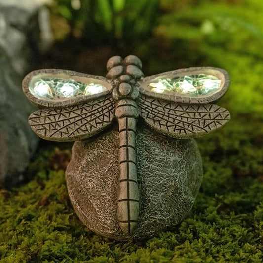 Garden Statue Dragonfly,Solar Dragonfly Decor for Outdoor,Resin Dragonflies Figurine with Solar Light for Patio,Balcony,Yard,Lawn Ornament,Perfect Garden Gift
