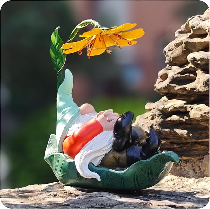 Solar Powered Gnome Garden Statue - Resin Gnome on Green Leaf with Large Yellow Stamen Sunshade, LED Lights Decorations, for Women Men, Outdoor Decor Ornaments for Outside