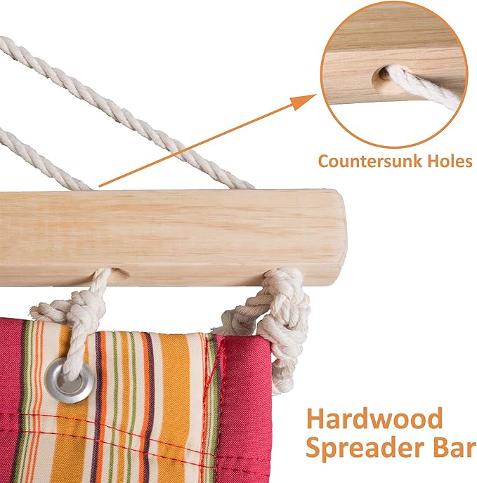 SUNCREAT Outdoor Hammock with Stand, Two Person Quilted Fabric Hammock Swing with 12ft Steel Stand, Red Stripes