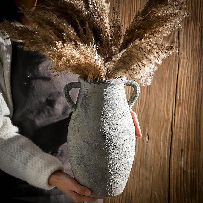 Large Ceramic Rustic Vase,11.3 inch Tall Farmhouse Flower Vase with 2 Handles for Home Decor, Living Room Entryway Table Centerpiece Decor