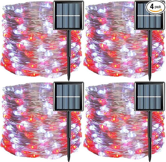 QITONG 4 Pack Red and White Solar Fairy Lights, Each 33ft 100 LED Christmas Lights, 8 Modes Silver Wire Solar String Lights