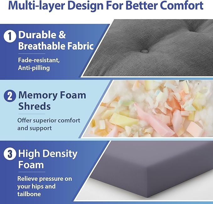 Chair Cushions for Dining Chairs, Dining Chair Cushions, Tufted Indoor Chair Pads with Ties & Non Slip Backing, Seat Cushions for Kitchen Chairs 16.5” x 16.5” x 3.5”, Set of 4, Grey