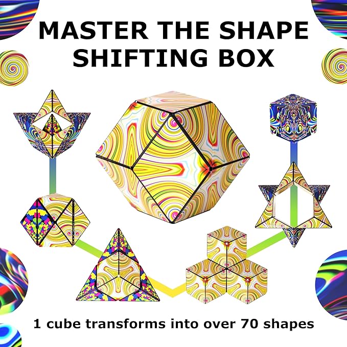 SHASHIBO Shape Shifting Box - Award-Winning Fidget Toy w/ 36 Rare Earth Magnets - Fidget Cube Transforms Into Over 70 Shapes, Sensory Toy Gift for Kids, Teens, and Adults (Technicolor)
