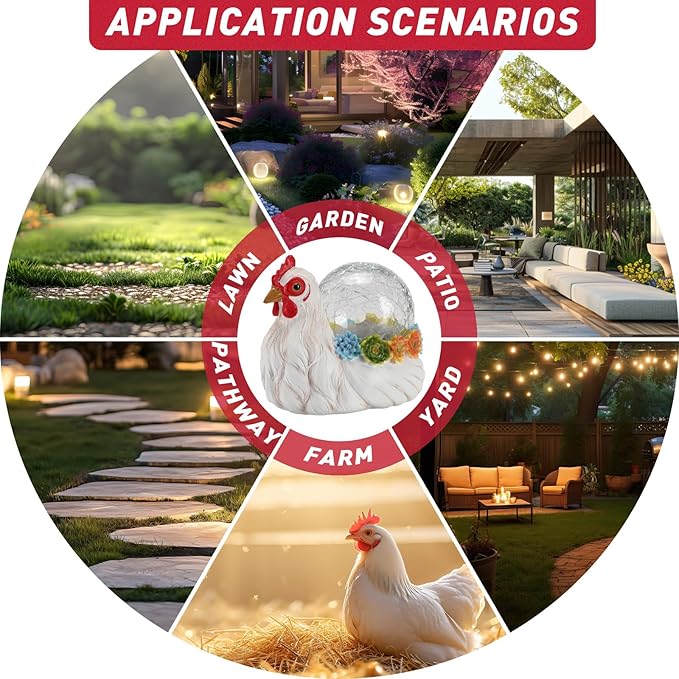 Solar Chicken Garden Statue Lights for Outdoor Decor with Cracked Glass LED Rooster Figurine Lighting Resin Succulent Hen Decorations for Patio Lawn Yard Home Housewarming Mom Wowen Gifts