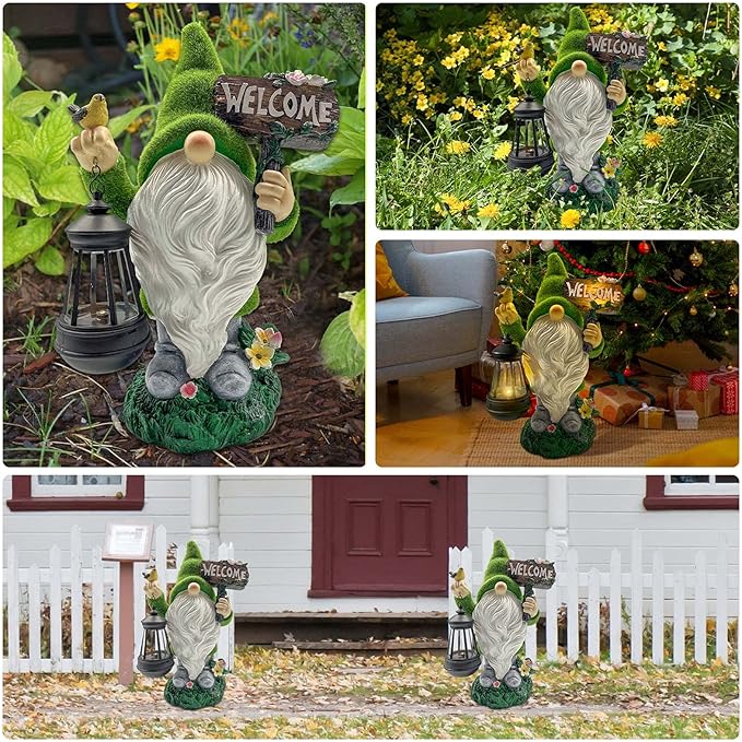Lovinland Garden Gnome Statue Outdoor Decor Large Flocked Resin Gnome Figurine with Solar Light Holding Lantern Welcome Sign Garden Yard Decorations Dwarf Sculpture for Outside Patio Porch Lawn Decor