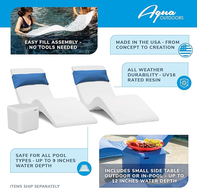 Classic White-Blue - in-Pool Chaise Set – Includes Two Chaises, Two Headrest Pillows, and One Poolside Table – for Ledges Up to 9” - Aqua Outdoors