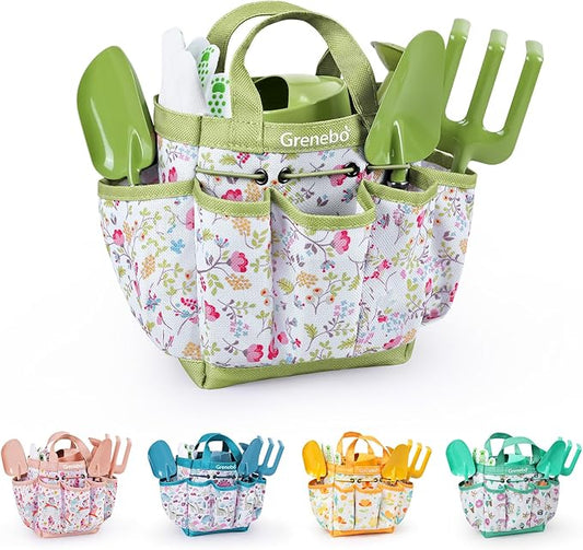 Kids Gardening Set Toys, Quality Garden Tool Kit for Kids and Toddlers, Includes Two Shovels, Garden hat,Rake, Apron,Gloves, Watering Can, and Tool Bag (Green)