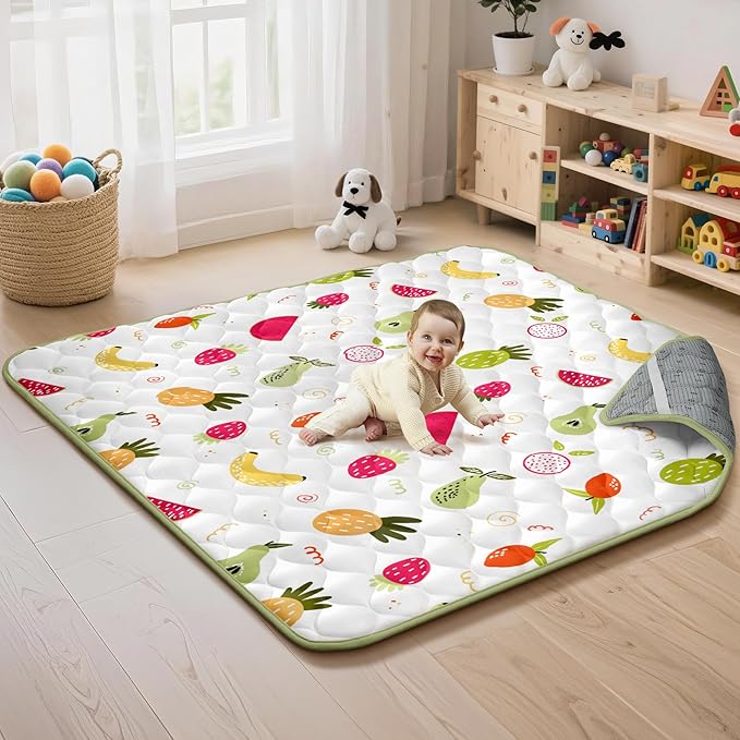 Baby Play Mat for Floor 50x50, Activity Mat, Thicken Soft Fabric Foam Play Mat for Baby, Washable Non-Slip Cushioned Crawling Mat for Babies, Infants, Toddlers（White Fruit