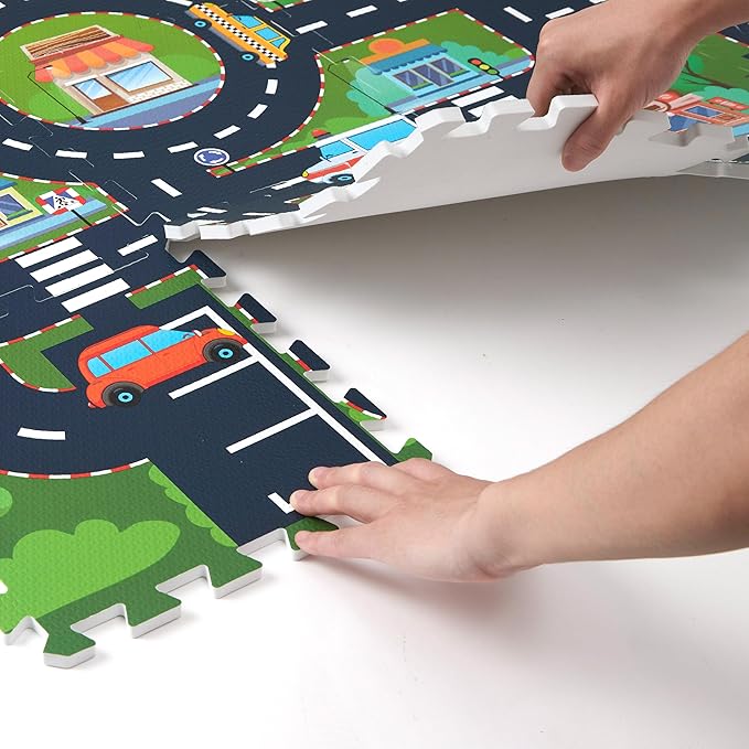 Foam Play Mat for Baby, Interlocking Foam Tiles, City Road Track Puzzle Mat 12 Pieces