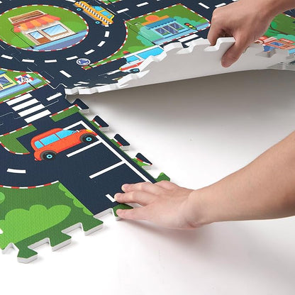 Foam Play Mat for Baby, Interlocking Foam Tiles, City Road Track Puzzle Mat 12 Pieces