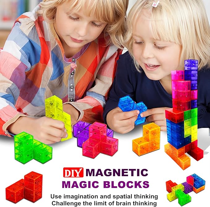 Kids Magnetic Building Blocks Magic Magnetic 3D Puzzle Cubes Set of 14 Multi Shapes with 108 Guide Cards, Parent-Child Interactive Children's Educational Toys