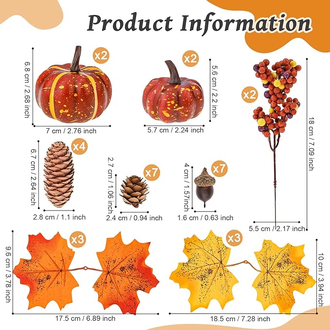 30 Pcs Artificial Pumpkins Set Fall Decorations with Maple Leaves Pine Cones Acorns Berries Assorted Fake Pumpkin for Thanksgiving Halloween Autumn Harvest Home Table Decor