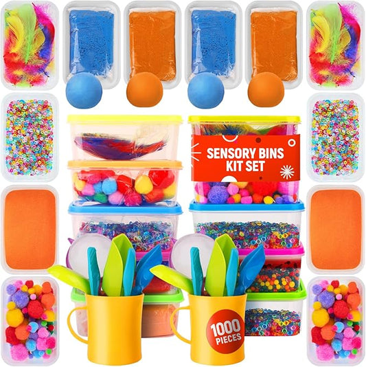 Sensory Kit for Toddlers and Kids - Includes 6 Bins with Lids, Play Tools, Sand, Feathers, Clay, Color Beads and Pom Poms Kids Box Fillers (2 Pack)