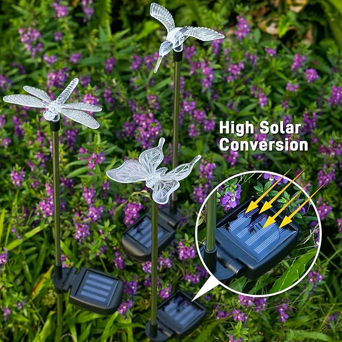 Solar Pathway Lights - 3 Pack Solar Stake Lights Outdoor, Color Changing Solar Powered Halloween Decorative Landscape Lighting Hummingbird Butterfly Dragonfly for Patio Yard Pathway Lawn Walkway