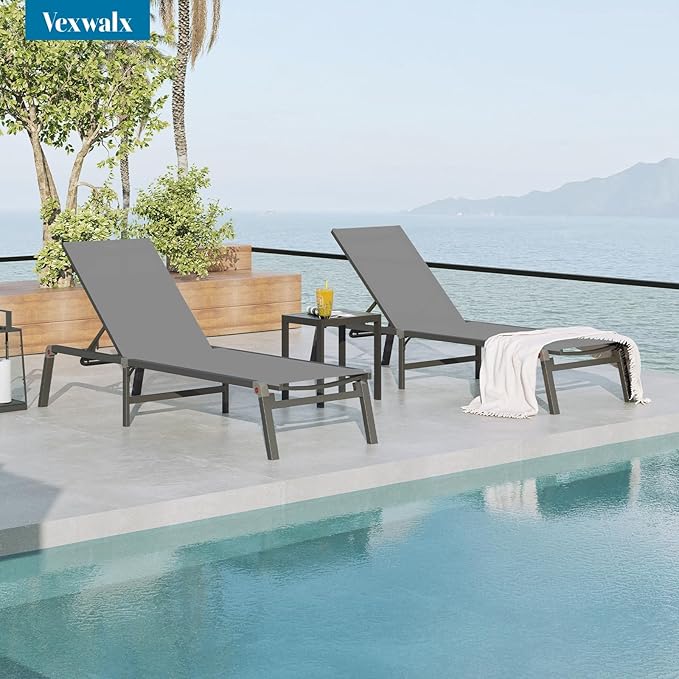 Pool Lounge Chairs Set of 2, Foldable Aluminum Chaise Lounge Outdoor with 5 Positions Recliner - Free Assembly - Patio Chaise Lounge Chair for Poolside, Beach, Yard (Darkgray, 2 Pack)