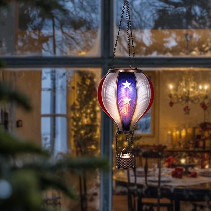 TERESA'S COLLECTIONS America Fourth of July Decorations, Hot Air Balloon Solar Lantern for Garden Decor,Gifts for Women + Memorial Day 17.7'' Hot Air Balloon Solar Lantern