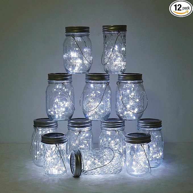 Decorman Solar Mason Jar Lights, 12 Pack 30 LED Fairy Star Firefly String Lids Lights with 12 Hangers for Patio Yard Garden Party Wedding Christmas Decoration(Jars Not Included) (12 Pack, Cool White)
