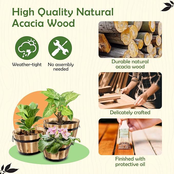 Idzo Set of 3 Wooden Flower Boxes Outdoor, Durable Acacia Wood Barrel Planters for Outdoor Plants with Ergonomic Handles, Drainage Holes, Multiple Sizes Wood Bucket Planter for Home Decor