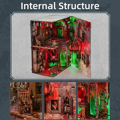 Haunted Horror Book Nook Kit, DIY Miniature Dollhouse Halloween Booknook Kit, Spooky Creepy Scary 3D Wooden Puzzle Bookend Bookshelf Insert Decor with LED Light (Haunted Mansion)