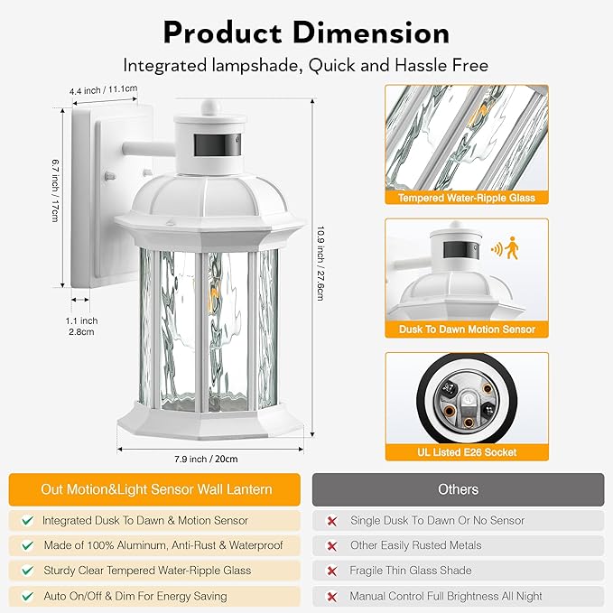 VIANIS White Motion Sensor Exterior Wall Light Lantern, Modern Dusk to Dawn Outdoor Porch Light Fixtures Wall Mount, Waterproof Outdoor Wall Sconce for Garage Entrance with Tempered Water-Ripple Glass