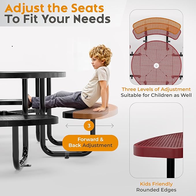 Metal Picnic Tables for Outdoors with Umbrella Hole - Coated Steel Heavy Duty Commercial Grade Table with Adjustable Seats (Red, 46 in, Round, Punched Steel)