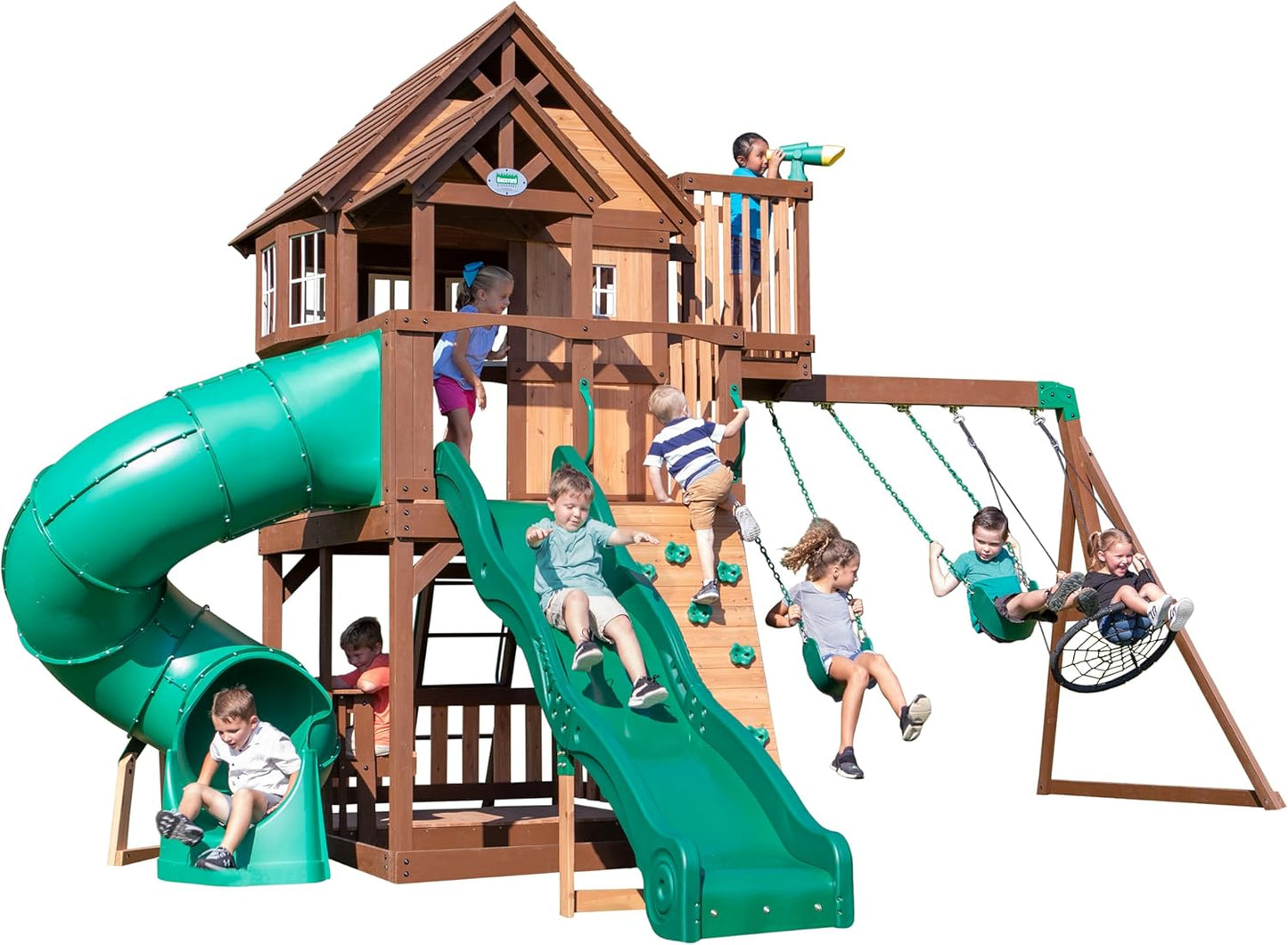 Backyard Discovery Skyfort All Cedar Swing Set, Elevated Covered Wood Roof Clubhouse with Bay Windows, 2 Belt Swings, Web Swing, 10ft Wave Slide, 5 ft Tube Slide, Covered Picnic Table, 5 ft Rock Wall