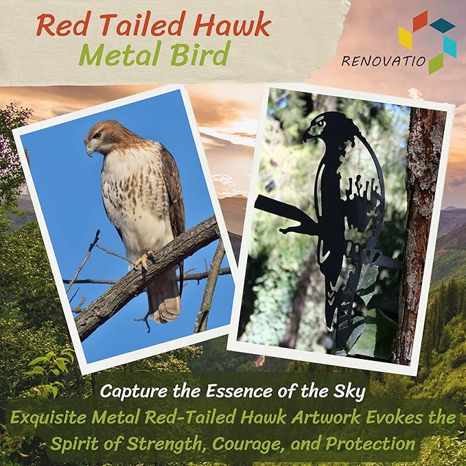 Renovatio Metal Hawk - Metal Bird Yard Decor - Tree Stake & Outdoor Art - Metal Garden Sculpture - Rusty Metal Birds Ornaments - Outdoor Bird Decorations for Garden