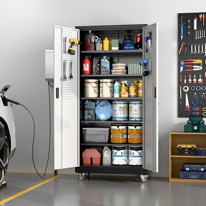 Metal Garage Storage Cabinet with Wheels & Pegboard, Lockable Metal Storage Cabinets with 2 Doors&5 Adjustable Shelves for Garage&Home,Assembly Required,Black Gray 71''H x32''W x16''D