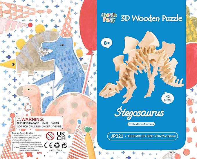 Georgie Porgy 3D Wooden Puzzles DIY Models Kits for Kids Dinosaur Airplane Woodcraft Construction Toys Pack of 6 (T-Rex Triceratops Spinosaurus Parasaurolophus Apatosaurus Stegosaurus)