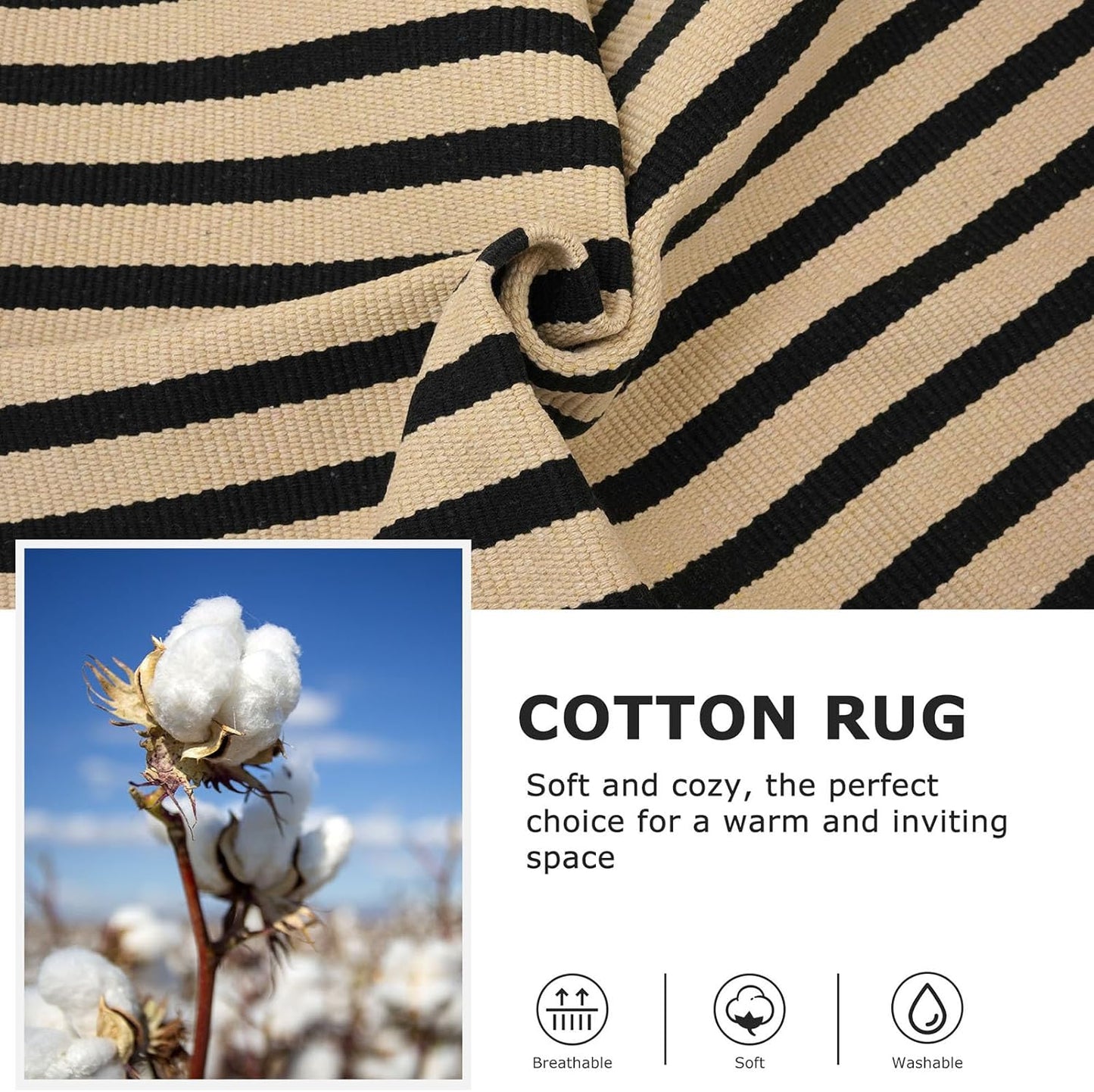 IOHOUZE Striped Area Rug 8'x10' Indoor Outdoor Rug, Washable Area Rug for Living Room, Large Patio Rug, Cotton Striped Rugs for Patio Living Room Bedroom, Tan/Black