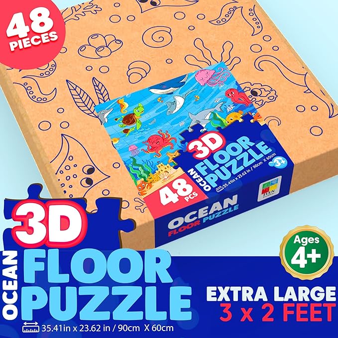 3D Ocean Floor Puzzles for Kids – Extra-Large 48 Piece Floor Puzzle for Kids Ages 3-5 & 4-6 | Jumbo Floor Puzzle with 7 Stand-Up Sea Animals, Big 5" Pieces | Educational Toddler Floors Puzzle Gift