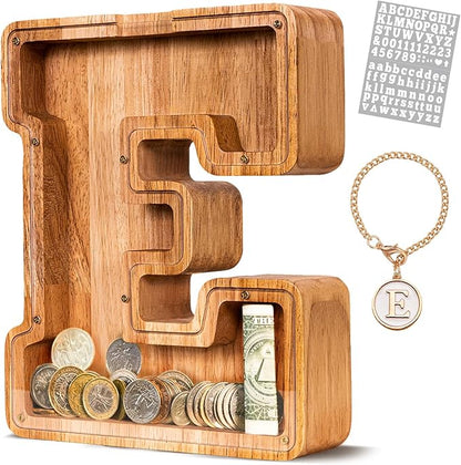 KMC Wooden Letter Piggy Bank, Personalized Initial Piggy Bank for Kids Boys, Clear Alphabet E Wood Money Box, Unbreakable Coin Saving Jar, Birthday, for Children